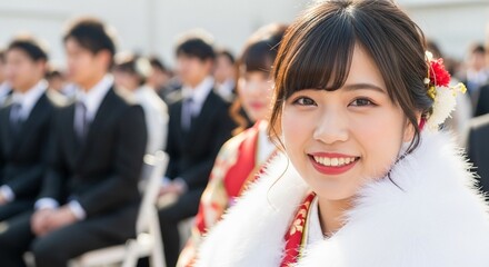 成人式：成人の日に成人式会場で微笑む着物姿の日本人女性