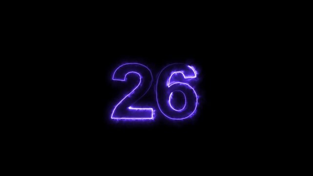 Neon 26 Number text animation. 26 number mathematics text on black background. Bright glowing number 26 countdown icon. Digital neon glowing text number 26. Black screen HD loop animation.