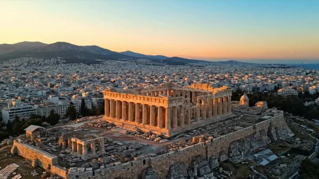 The Parthenon atop the Acropolis a ruined temple dominates Athens Greece during a golden sunset