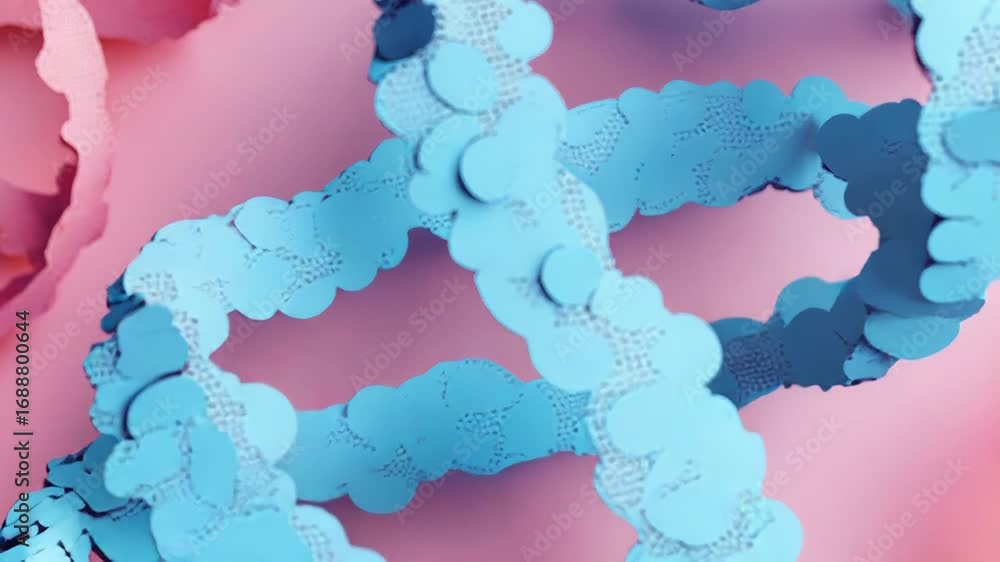 Poster dna double helix rotating on pink background with paper texture