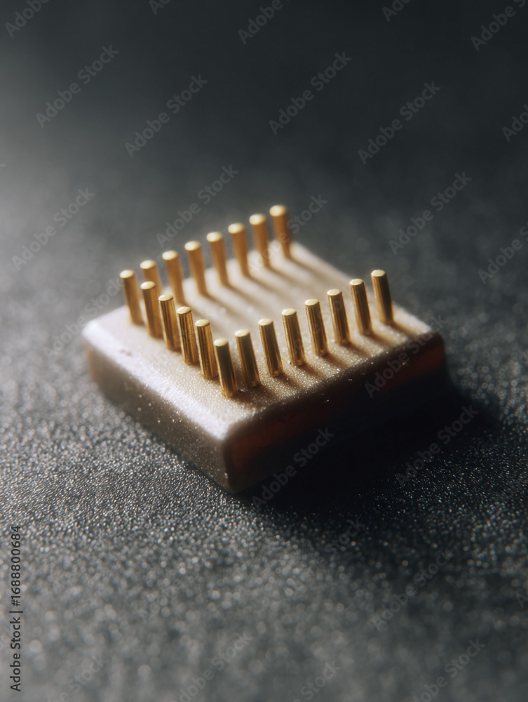 Poster macro shot of a computer chip with golden pins, symbolizing technology, innovation, and connection. 