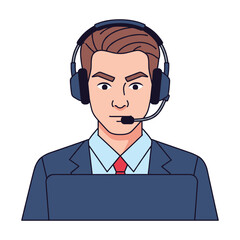 Serious Businessman in Headset,  Laptop,  Professional Customer Service Illustration
