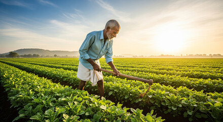 Indian farmer tends to his crops in a vibrant green field under the morning sun
