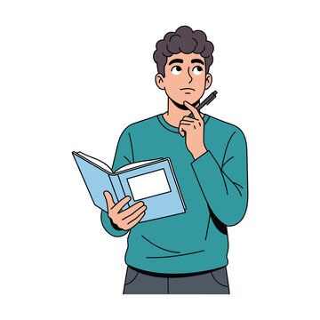 Thoughtful young man studying,  retro cartoon style, pensive mood.