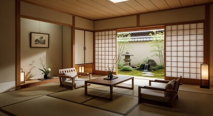 Serene Japanese Room: Shoji Screens Reveal Tranquil Zen Garden