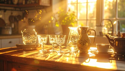A kitchen table with glassware shimmering under warm sunlight, everyday objects glowing as if touched by enchantment