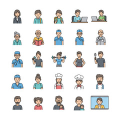 Diverse People Icons: Flat Line Art Style, Cheerful Mood, Professional Occupations