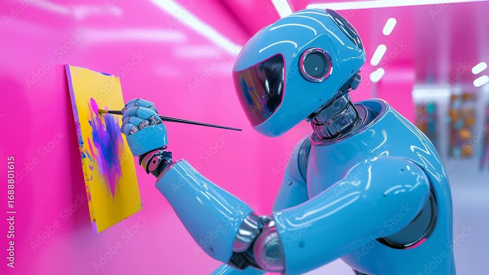 Poster precision robotic arm manipulates paintbrush, creating vibrant abstract artwork on yellow canvas. me