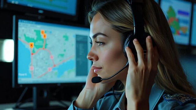 Emergency Dispatcher Puts on Headphones for Call Close Up - Focus on Map, Ready for Action, Vital Support, Modern Communication, 4k Video