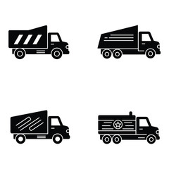 Set of four distinct black silhouette icons representing different types of trucks on a white background
