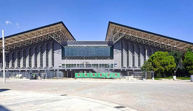 Exterior view of the OAKA Basketball Arena (Telekom Center), home of Panathinaikos BC, located within the Olympic Complex in Marousi, a northern suburb of Attica, Greece.