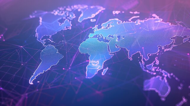 Digital World Map Illustration with Connecting Lines and Glowing Data Points