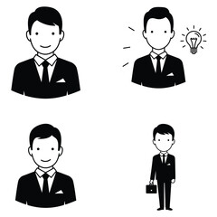 Fototapeta premium Four simple black and white doodle illustrations of businessmen in suits with one showing an idea lightbulb