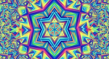 Vibrant kaleidoscope of triangular forms creates a dazzling, geometric symmetry with radiant rainbow hues and fractal