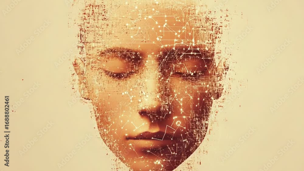 Aufkleber artificial intelligence, human face transforming into digital data stream