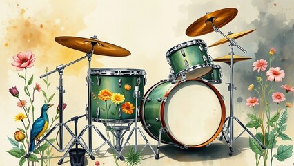 Artistic drum kit decorated with flowers and a colorful bird, creative botanical painting with musical theme.