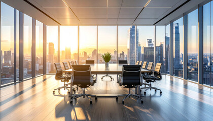 Fototapeta na wymiar Modern conference room with city skyline view