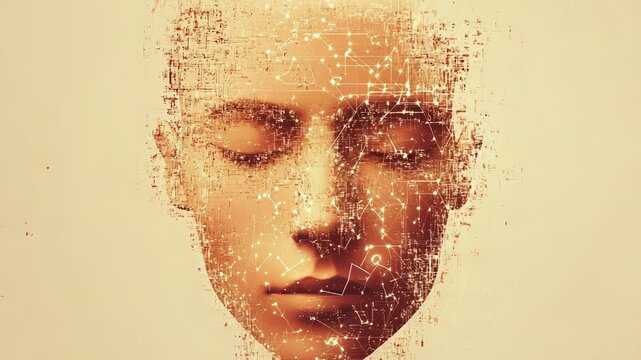Artificial intelligence, human face transforming into digital data stream