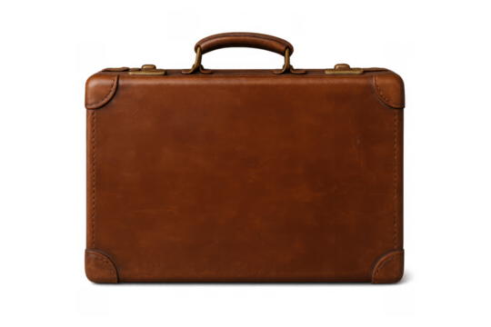 Closed vintage brown leather briefcase isolated on transparent background - Powered by Adobe
