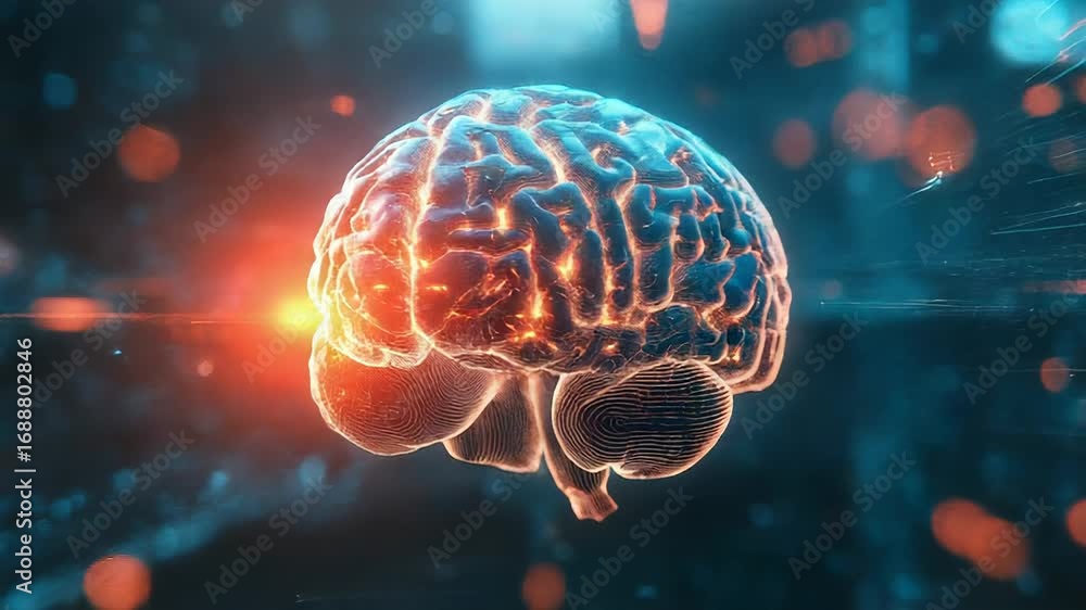 Aufkleber glowing human brain processing data stream in cyberspace