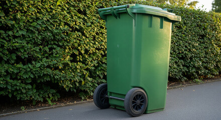 A green plastic wheeled trash can, or "wheelie bin," stands on a paved path next to a lush green hedge. The image is taken in bright daylight, highlighting the texture of the bin and the hedge