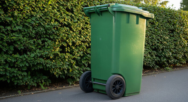 A green plastic wheeled trash can, or "wheelie bin," stands on a paved path next to a lush green hedge. The image is taken in bright daylight, highlighting the texture of the bin and the hedge