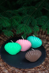 Beeswax candles in seashell shape, handmade in colorful pastel tones. Eco-friendly decorative candles for modern interiors, gifts and ocean-inspired decor.