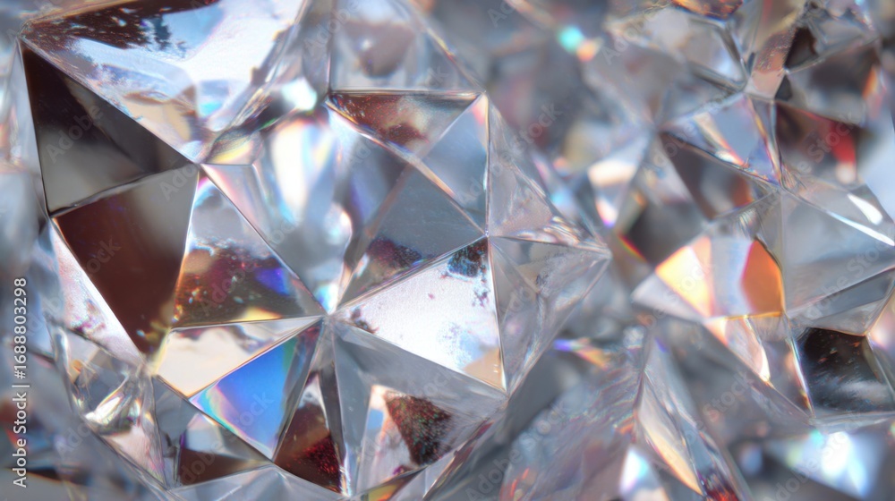 Poster crystals are displayed closely together, catching and refracting light to reveal a spectrum of color
