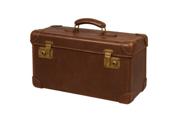 Closed vintage brown leather suitcase with brass locks on transparent background