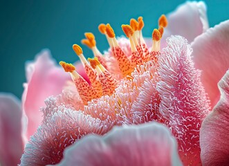 Close-up of a pink peach blossom blooming in spring against a blue background, captured through macro photography. This stock photo was the winner of a contest, an award-winning image with high resolu
