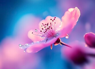 Close-up of a pink peach blossom blooming in spring against a blue background, captured through macro photography. This stock photo was the winner of a contest, an award-winning image with high resolu