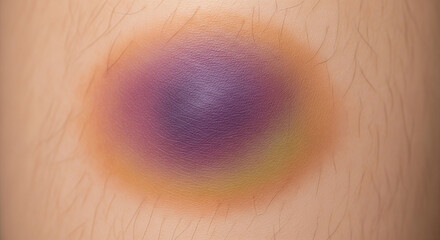A close-up of a large, multicolored bruise on human skin. The injury displays the classic healing cycle with a dark purple-black center surrounded by a fading ring of yellow and green