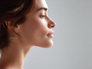 Fototapeta premium Elegant profile of a young woman with flawless skin. Perfect for beauty, skincare, or wellness concepts. Represents health, sophistication, and natural beauty ideals.