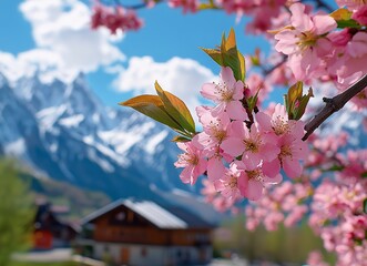 Close-up of a pink peach blossom blooming in spring against a blue background, captured through macro photography. This stock photo was the winner of a contest, an award-winning image with high resolu