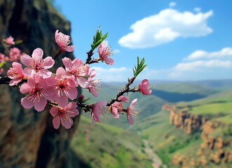 Close-up of a pink peach blossom blooming in spring, macro photography, with fresh and vibrant colors, against a blue sky background, in natural sunlight, and a shallow depth of field. Stock photo, hi