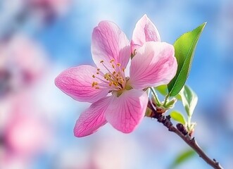Close-up of a pink peach blossom blooming in spring, macro photography, with fresh and vibrant colors, against a blue sky background, in natural sunlight, and a shallow depth of field. Stock photo, hi