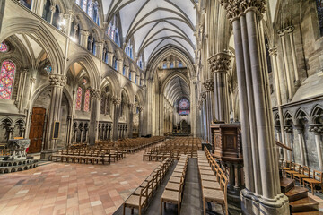 Majestic European Cathedral Interior with Ceiling and Stained Glass Window, Nidaros, Trondheim,...