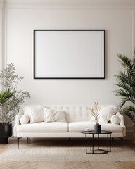 Empty framed art on cream wall, white couch, plants