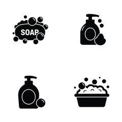 Four black and white silhouette icons representing hygiene and cleaning products including soap and liquid soap dispensers