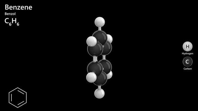Molecule: Benzene. Flammable liquid. Molecular formula: C6H6. Chemical model: Ball and stick. Black background. Seamless loop. 3D rendering.