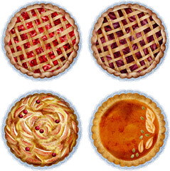 A vibrant watercolor painting of a pie on a plate or in a pan.