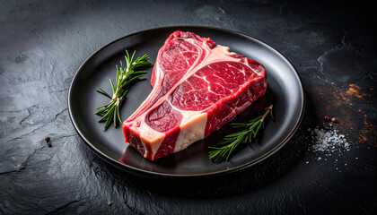 Raw Premium T-Bone Steak with Rosemary on Dark Plate. Uncooked High-Quality Beef Cut Ready for Grilling or Pan-Frying, Perfect for Gourmet Dinner Preparations