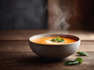 Steaming bowl of vibrant soup garnished with basil on wood. Evokes warmth, comfort,  healthy eating. Ideal for food blogs, menus, or wellness content.