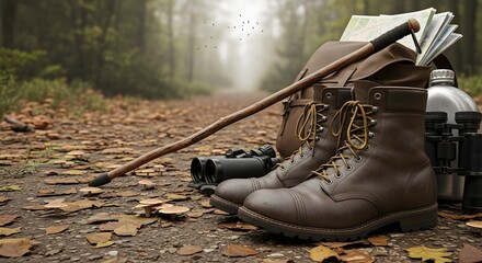 Hiking gear essentials boots backpack and binoculars on forest trail for outdoor adventure travel planning