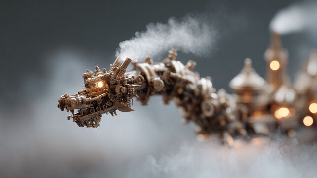 Steampunk dragon with intricate metal details and a glowing eye, breathing smoke. Fantasy concept art, technology meets mythology, ideal for creative projects. - Powered by Adobe