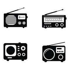 Collection of four retro vintage portable transistor radios with antennas in a simple graphic illustration style