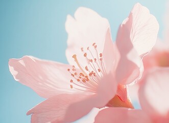 Close-up of a pink peach blossom blooming in spring, macro photography, with fresh and vibrant colors, against a blue sky background, in natural sunlight, and a shallow depth of field. Stock photo, hi
