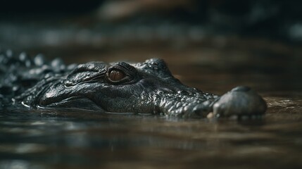 Fototapeta premium Close up of an alligator swimming in murky water with its eye visible above the surface of the water