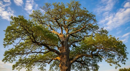 Fototapeta premium Timeless Majesty: A Sprawling Oak Tree with Gnarled Branches in Golden Sunlight