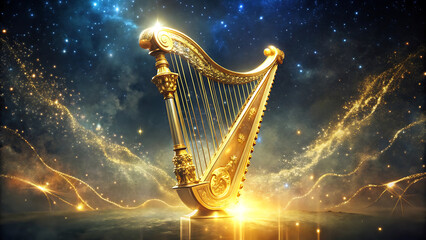 Mythical golden harp glowing under starlight with surreal fantasy magical illustration design 